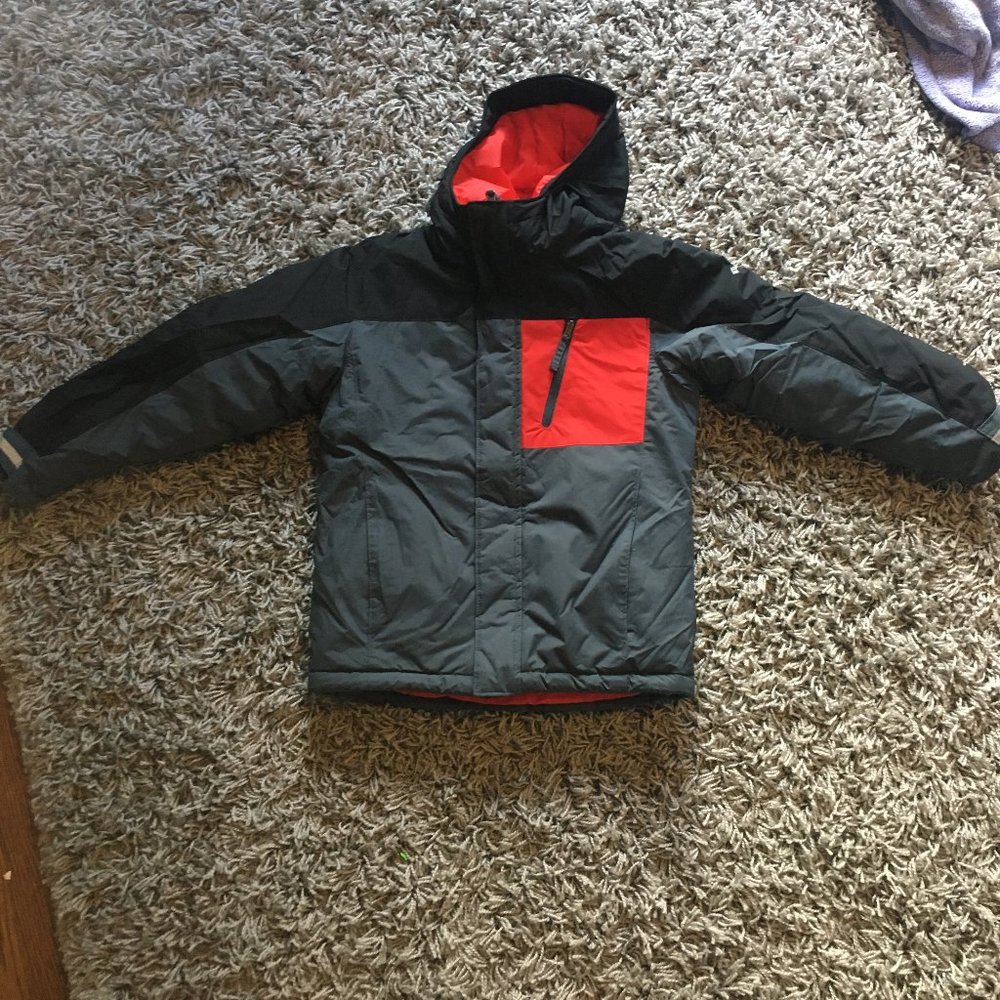 grey, black, and red boys winter coat